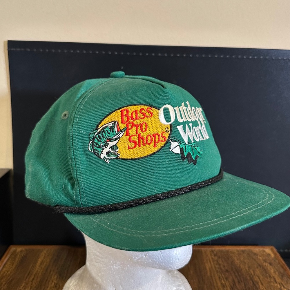 Vintage Bass Pro Shops Outdoor World Hat Green K-Products USA Leather Strap Cap